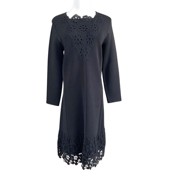 LELA ROSE BLACK LONG SLEEVE EMBROIDERED SHIFT DRESS