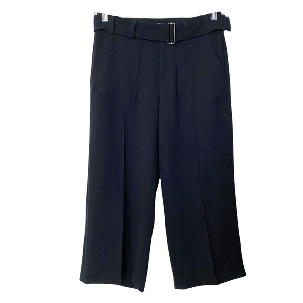 VINCE. BLACK BELTED CROPPED PLEATED TAPERED PANTS 