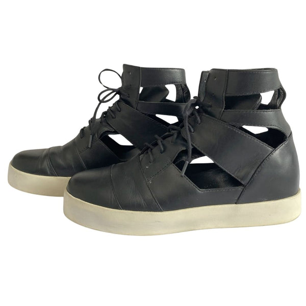 SARAH PACINI BLACK LEATHER WHITE OUSTOLE HIGH TOP CUT OUT LACE UP SNEAKERS