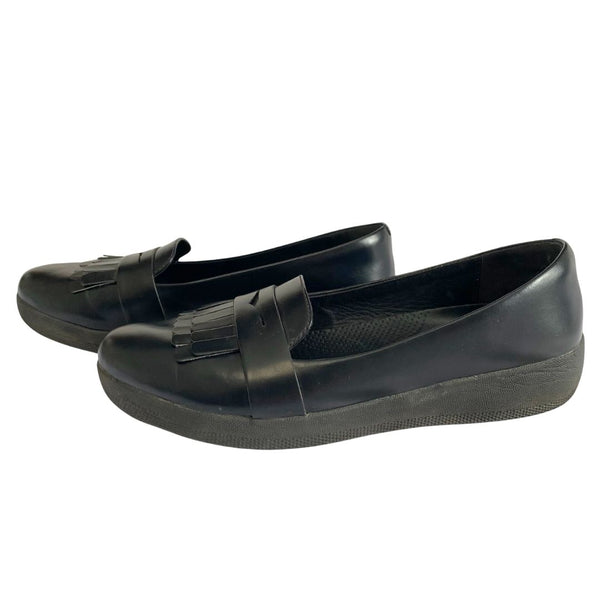 FITFLOP BLACK LEATHER FRINGEY SNEAKER LOAFERS