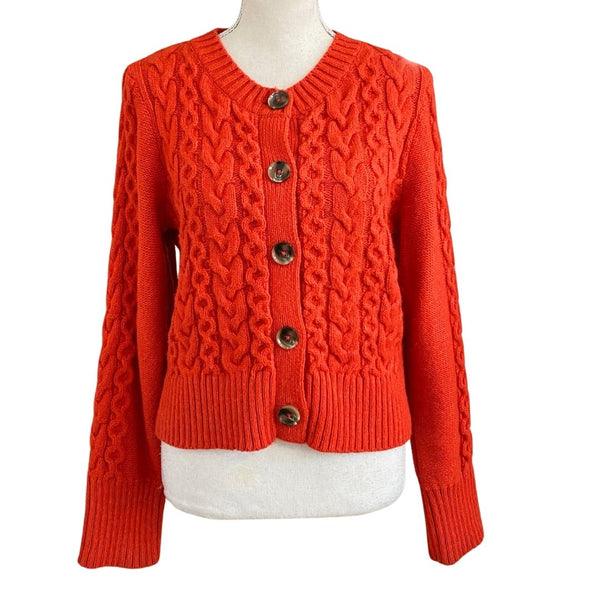 MAEVE BY ANTHROPOLOGIE CABLE-KNIT CROPPED CARDIGAN IN ORANGE - M