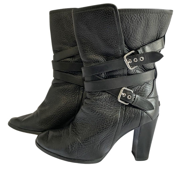 COACH ALEXANDRA BLACK CRACKED LEATHER HEELED STRAPPY BOOTS