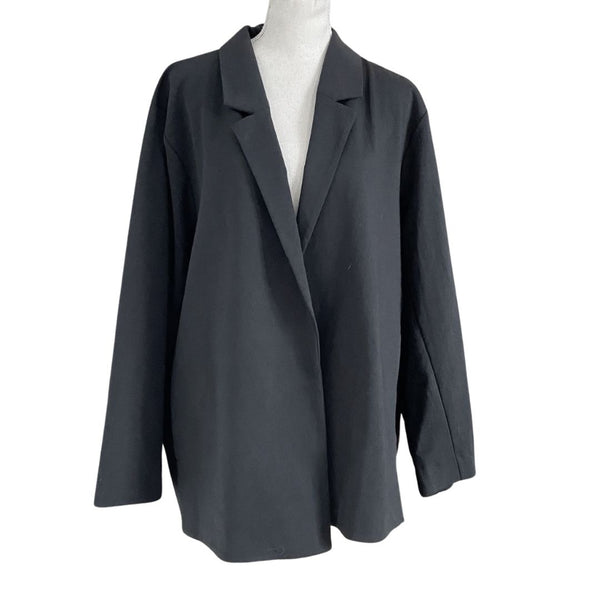 EILEEN FISHER BLACK ORGANIC COTTON RECYCLED POLYESTER MID-LENGTH OPEN PONTE BLAZER