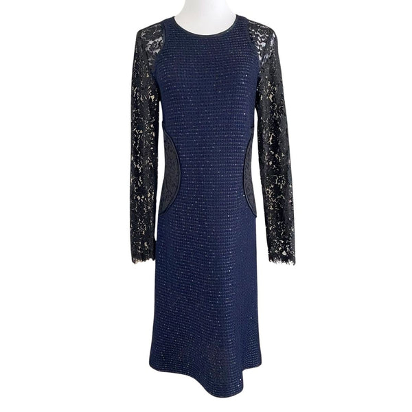 ST JOHN COUTURE NAVY KNIT BLACK SEQUIN AND LACE COMBO SHEATH DRESS