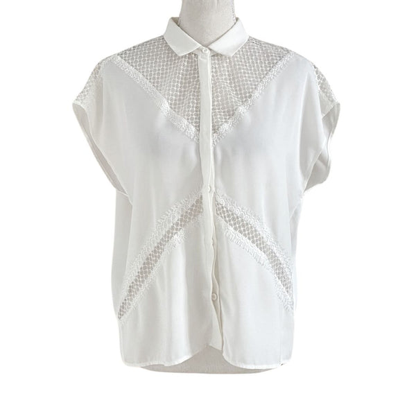 THE KOOPLES WHITE SLEEVELESS SHEER LACE BUTTON DOWN SHIRT