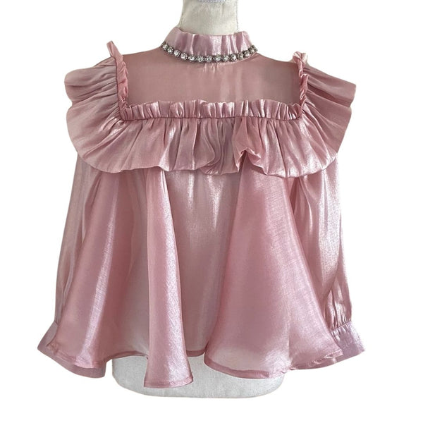 SISTER JANE OLD PINK RUFFLE BEADED ORGANZA LOOSE FIT BLOUSE