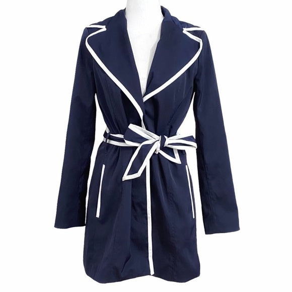 BANANA REPUBLIC NAVY WHITE BUTTON FRONT BELTED TRENCH COAT - XS