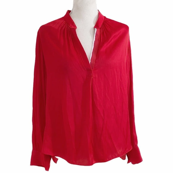 ZADIG & VOLTAIRE RED TINK SATIN V-NECK COLLARLESS LONG SLEEVE BLOUSE