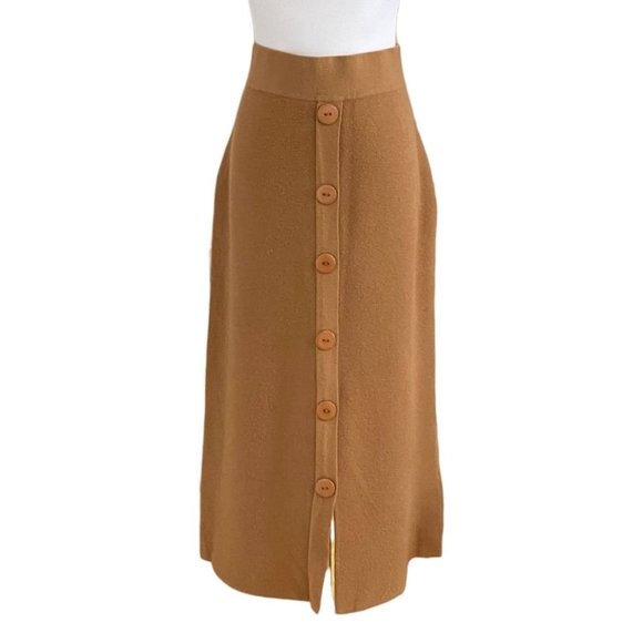 UCHUU CAMEL KNIT BUTTON FRONT HIGH RISE PENCIL KNIT SKIRT