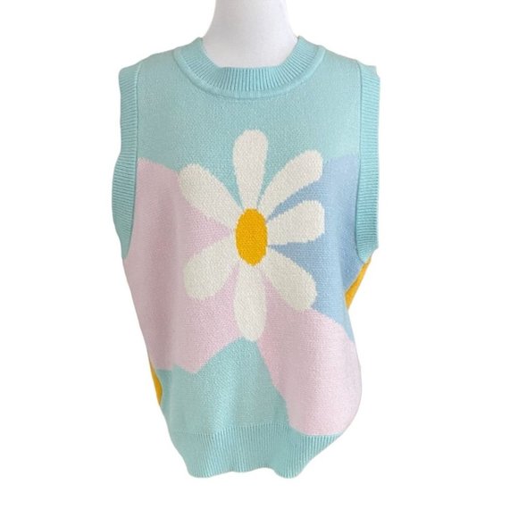 KINA & TAM THE WALLFLOWER COLORFUL PATCHWORK FLORAL FRONT PRINT SLEEVELESS SWEATER VEST
