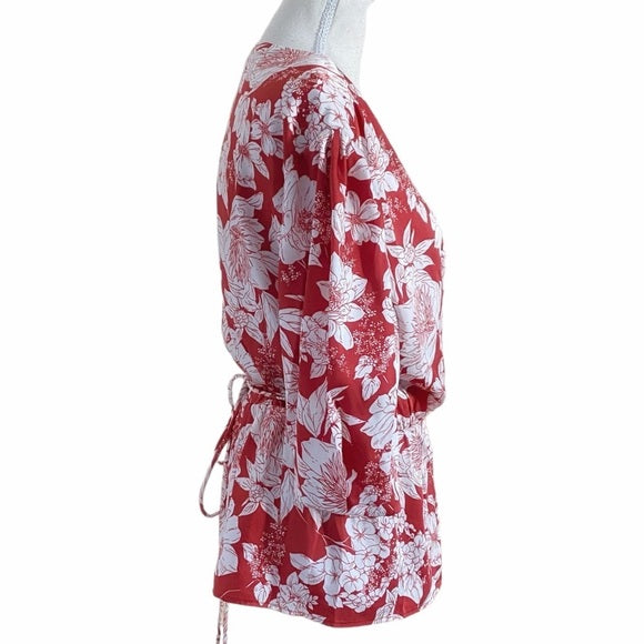 REBECCA MINKOFF MARY WHITE RED FLORAL WRAP SATIN TOP