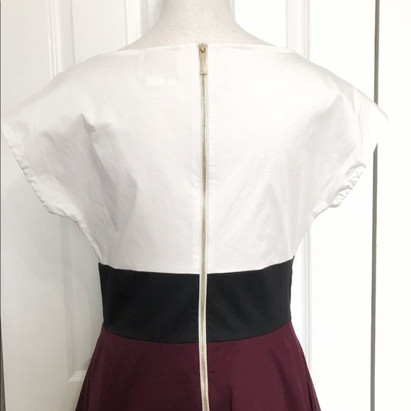 KATE SPADE COLORBLOCK WHITE BLACK BURGUNDY PINK FIORELLA STRIPED A-LINE FIT AND FLARE DRESS
