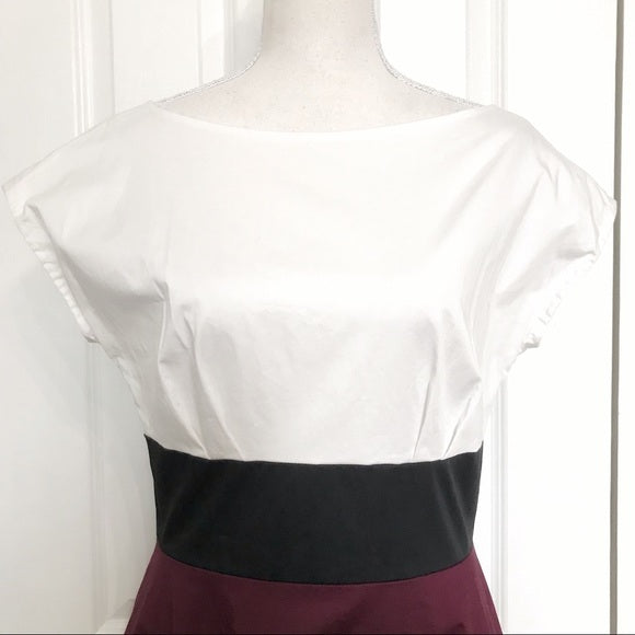 KATE SPADE COLORBLOCK WHITE BLACK BURGUNDY PINK FIORELLA STRIPED A-LINE FIT AND FLARE DRESS