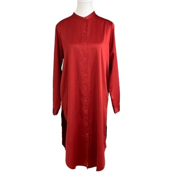 EILEEN FISHER PETITE RED RECYCLED POLYESTER SATIN SHIRTDRESS - MP