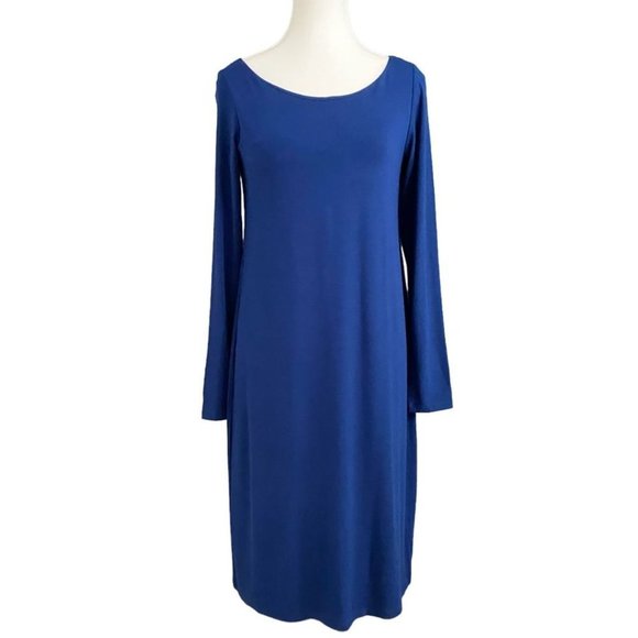 EILEEN FISHER NAVY LONG SLEEVE BACK STRAPPY CUT OUT STRETCHY DRESS