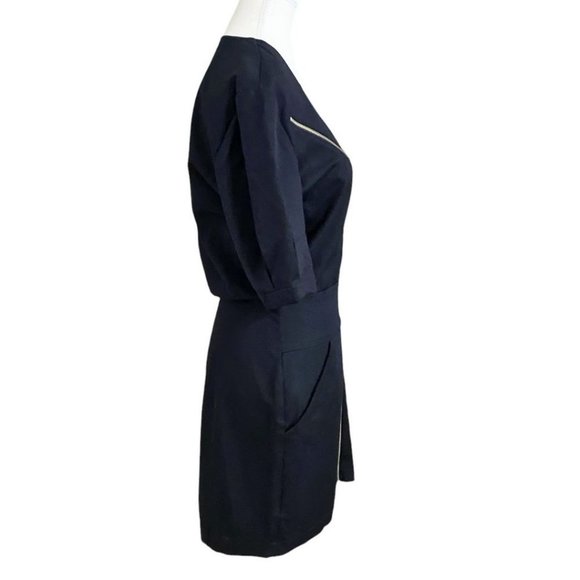 REFORMATION BLACK V-NECK FRONT EXPOSED ZIPPER SHORT SLEEVE SHEATH DRESS