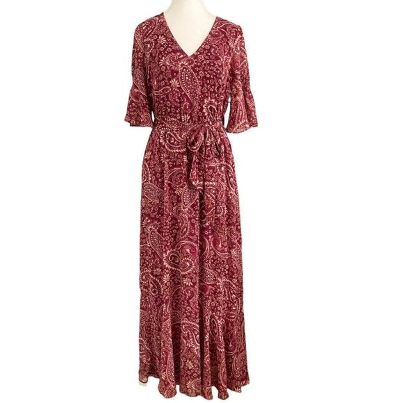 GAL MEETS GLAM COLLECTION BURGUNDY BEIGE PAISLEY FLUTTER SLEEVE BELTED MAXI DRESS