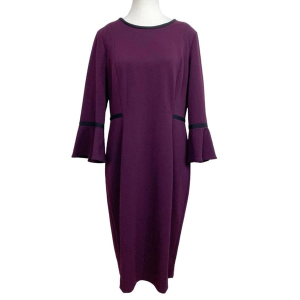 CALVIN KLEIN PLUM BLACK PIPED BELL SLEEVES CLASSIC FORMAL DRESS - 14