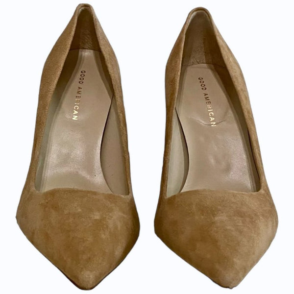 NWOT GOOD AMERICAN NATURAL ICON 110 TAN SUEDE POINTED HEELS PUMPS - 9,5