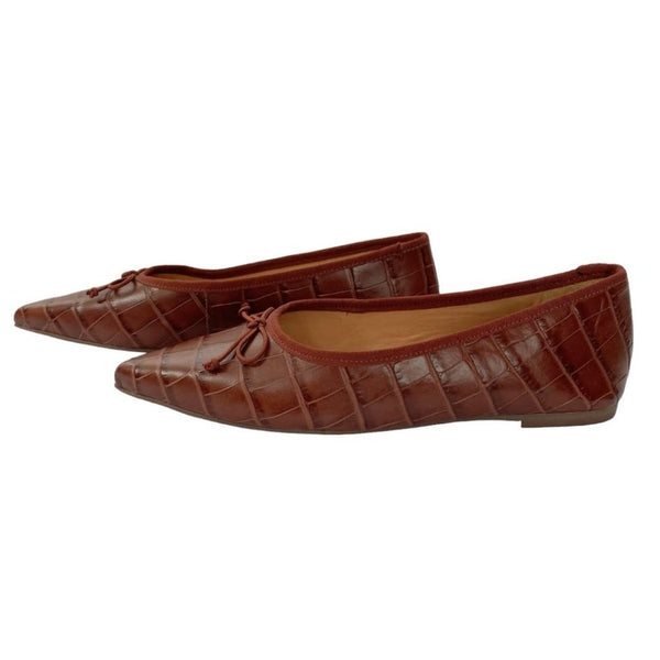 SCHUTZ ARISSA CROCODILE BROWN EMBOSSED LEATHER POINTED TOE FRONT BOW FLATS
