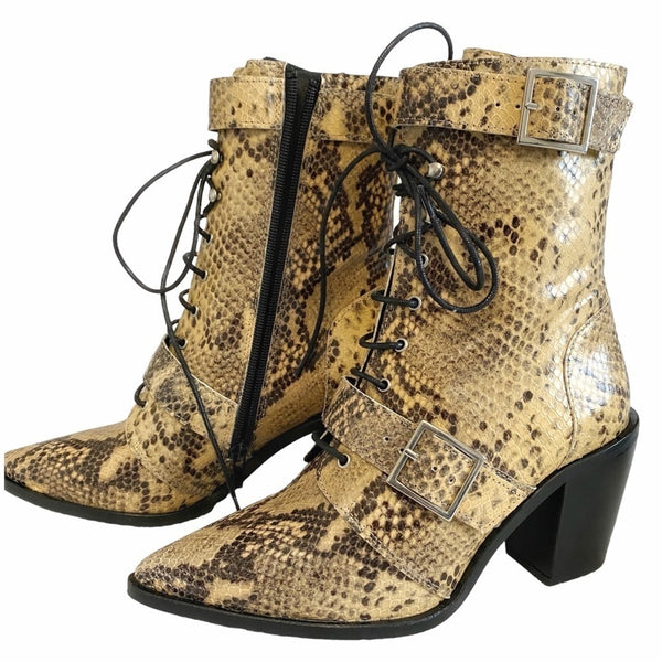 L'INTERVALLE YELLOW BLACK SNAKESKIN LACE UP STRAPPY HEELED BOOTIES