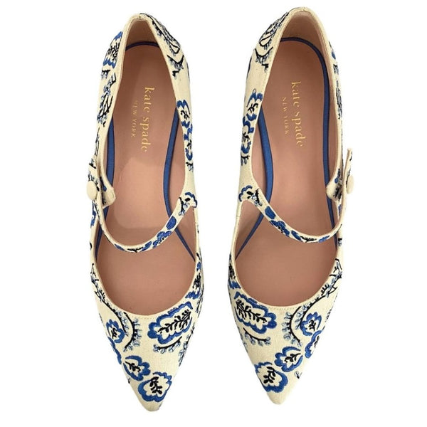 KATE SPADE MAYA PARCHMENT ASIAN EMBROIDERED FLORAL MARY JANE FLATS - 10,5B