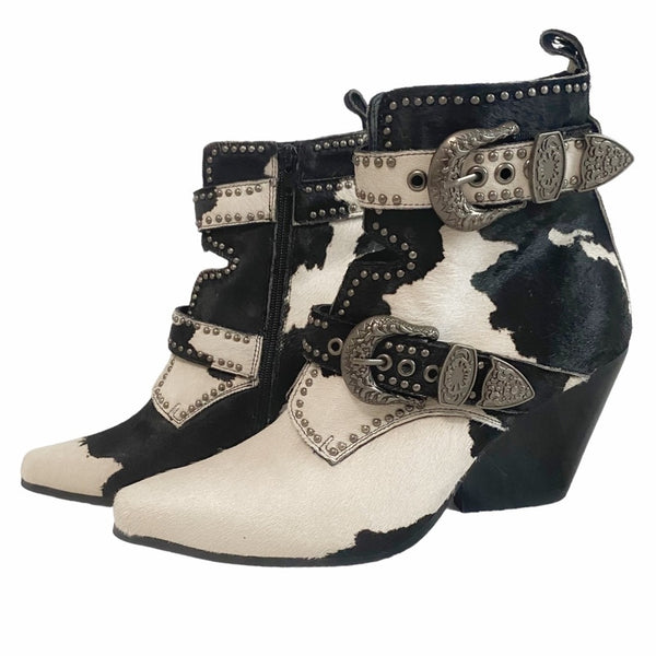 JEFFREY CAMPBELL FREE PEOPLE ON THE RANCH CALF HAIR BLACK WHITE COWBOY BOOTS