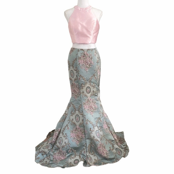 ALYCE PARIS 2 PIECES LIGHT BLUE SOFT PINK FLORAL EMBROIDERED BROCADE HIGH RISE SIRENE SKIRT HALTER CROPPED TOP DRESS