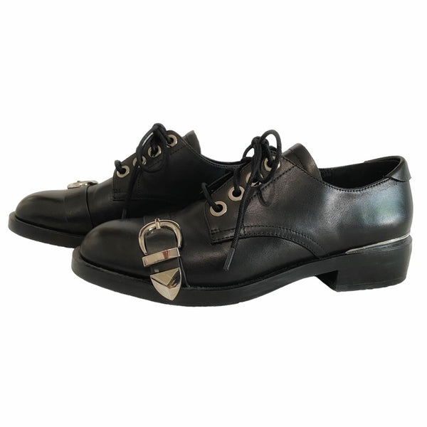 THE WISHBONE COLLECTION BLACK LEATHER METALLIC BUCKLE LACE UP SHOES - SIZE 6