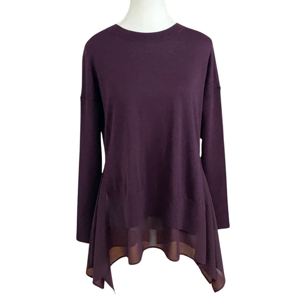 ALLSAINTS LIBBY 100% MERINO WOOL CONTRAST CHIFFON HEM CREW NECK SWEATER TOP IN PURPLE