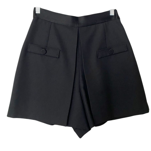 SANDRO BLACK WOOL BLEND HIGH-WAISTED SATIN WAISTBAND PLEATED WIDE SHORTS