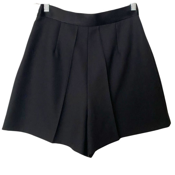 SANDRO BLACK WOOL BLEND HIGH-WAISTED SATIN WAISTBAND PLEATED WIDE SHORTS