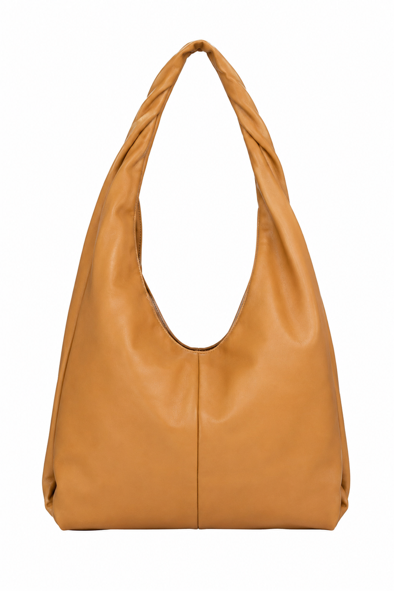 Sac hobo A.L.C. Shiloh en cuir vegan caramel, anse torsadée artisanale, silhouette souple et volumineuse, fermeture magnétique, design californien boho-chic luxe_Vue de face