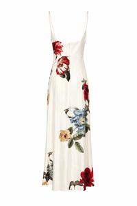 Robe maxi Alice + Olivia Julietta en viscose ivoire à imprimé botanique floral, grandes roses cramoisies et pivoines bleu cendré, coupe slip dress décolleté V et bretelles spaghetti réglables_vue de dos