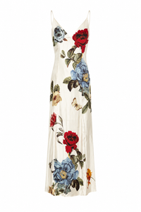 Robe maxi Alice + Olivia Julietta en viscose ivoire à imprimé botanique floral, grandes roses cramoisies et pivoines bleu cendré, coupe slip dress décolleté V et bretelles spaghetti réglables_vue de face