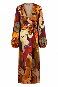 Robe kimono portefeuille Takwa d'Andrea Iyamah en satin multicolore imprimé Eve, manches bouffantes volumineuses, coupe fluide taille unique, fabriquée au Canada_Vue de face