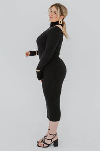 Robe midi noire côtelée Victoria par Anine Bing, manches longues, coupe moulante bodycon, détails en découpes vue latérale