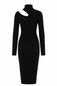 Robe Victoria Anine Bing en maille côtelée noire, coupe midi bodycon, col montant asymétrique d'un côté et épaule découverte de l'autre, manches longues, taille L _ vue de dos