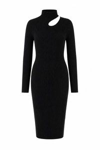 Robe Victoria Anine Bing en maille côtelée noire, coupe midi bodycon, col montant asymétrique d'un côté et épaule découverte de l'autre, manches longues, taille L _ vue de face