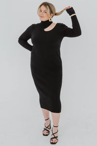 Robe midi noire côtelée Victoria par Anine Bing, manches longues, coupe moulante bodycon, détails en découpes vue de face