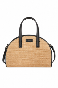 Sac Demi-Lune A.P.C. en raphia naturel beige et cuir noir, forme demi-lune, fermeture magnétique et quincaillerie dorée, fabrication marocaine_Vue de face