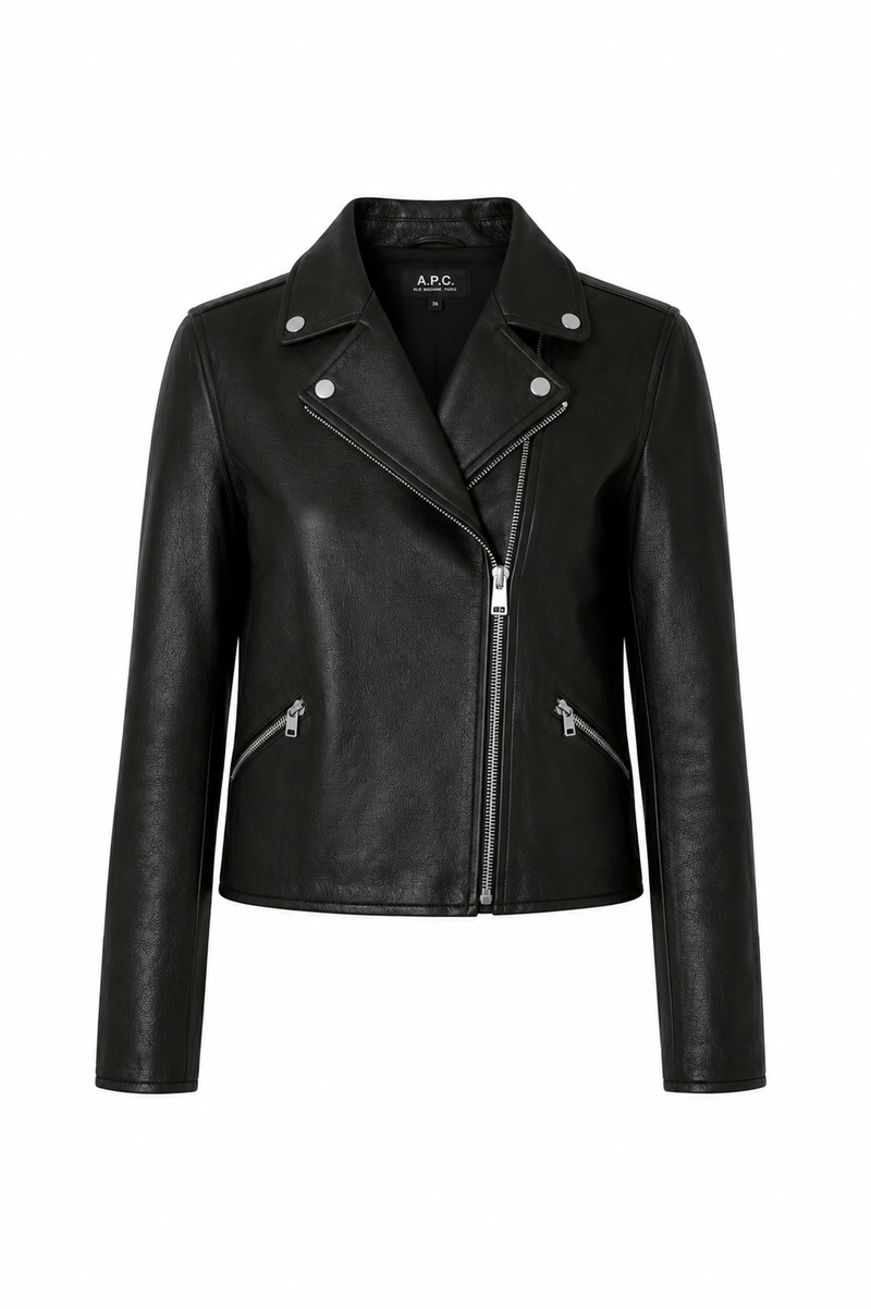 Veste biker en cuir noir Florence par A.P.C, coupe ajustée taille 34, style motard classique, cuir premium - vue de face