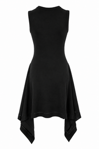 Robe midi Burberry en jersey technique noir profond sans manches, ourlet asymétrique drapé en mouchoir avec pointes sculpturales, encolure ronde minimaliste, détail de couture ajourée sur la jupe, design architectural Quiet Luxury, fabriquée en Italie - Vue de dos