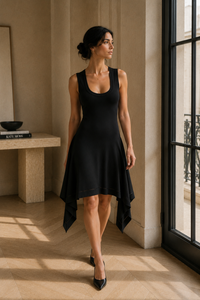 Robe midi Burberry en jersey technique noir profond sans manches, ourlet asymétrique drapé en mouchoir avec pointes sculpturales, encolure ronde minimaliste, détail de couture ajourée sur la jupe, design architectural Quiet Luxury, fabriquée en Italie - EDITO