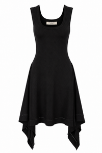 Robe midi Burberry en jersey technique noir profond sans manches, ourlet asymétrique drapé en mouchoir avec pointes sculpturales, encolure ronde minimaliste, détail de couture ajourée sur la jupe, design architectural Quiet Luxury, fabriquée en Italie - Vue de face