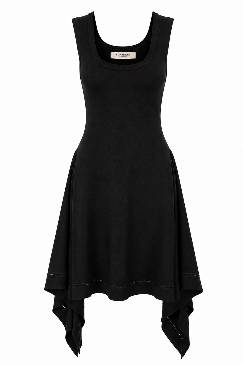 Robe midi Burberry en jersey technique noir profond sans manches, ourlet asymétrique drapé en mouchoir avec pointes sculpturales, encolure ronde minimaliste, détail de couture ajourée sur la jupe, design architectural Quiet Luxury, fabriquée en Italie - Vue de face