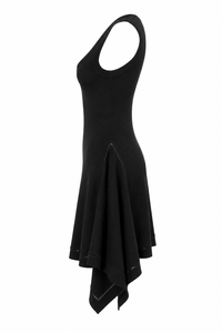 Robe midi Burberry en jersey technique noir profond sans manches, ourlet asymétrique drapé en mouchoir avec pointes sculpturales, encolure ronde minimaliste, détail de couture ajourée sur la jupe, design architectural Quiet Luxury, fabriquée en Italie - Vue de côté