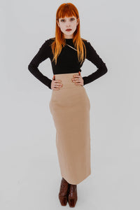 Jupe longue Tubino par Calcaterra en lin beige biscuit, coupe élégante droite, style italien raffiné - vue de face