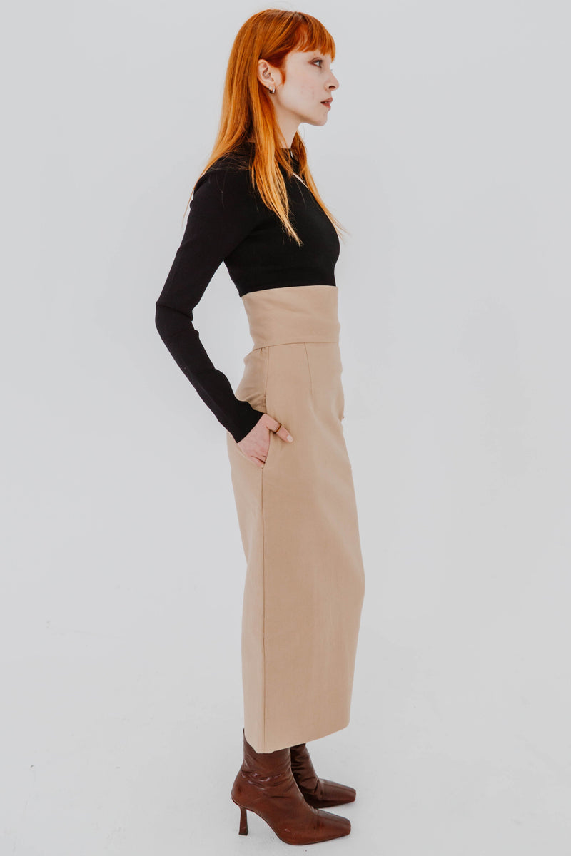 Jupe longue Tubino par Calcaterra en lin beige biscuit, coupe élégante droite, style italien raffiné - vue latérale
