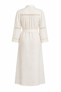 Robe chemise maxi Caroline Constas en mélange lin-viscose ivoire brodé, manches bouffantes, ceinture ajustable_vue de dos